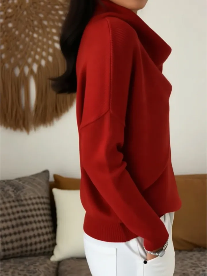 Women Cross Wrap Draped Cowl Neck Knit Pullover, Loose Long Sleeve Sweater