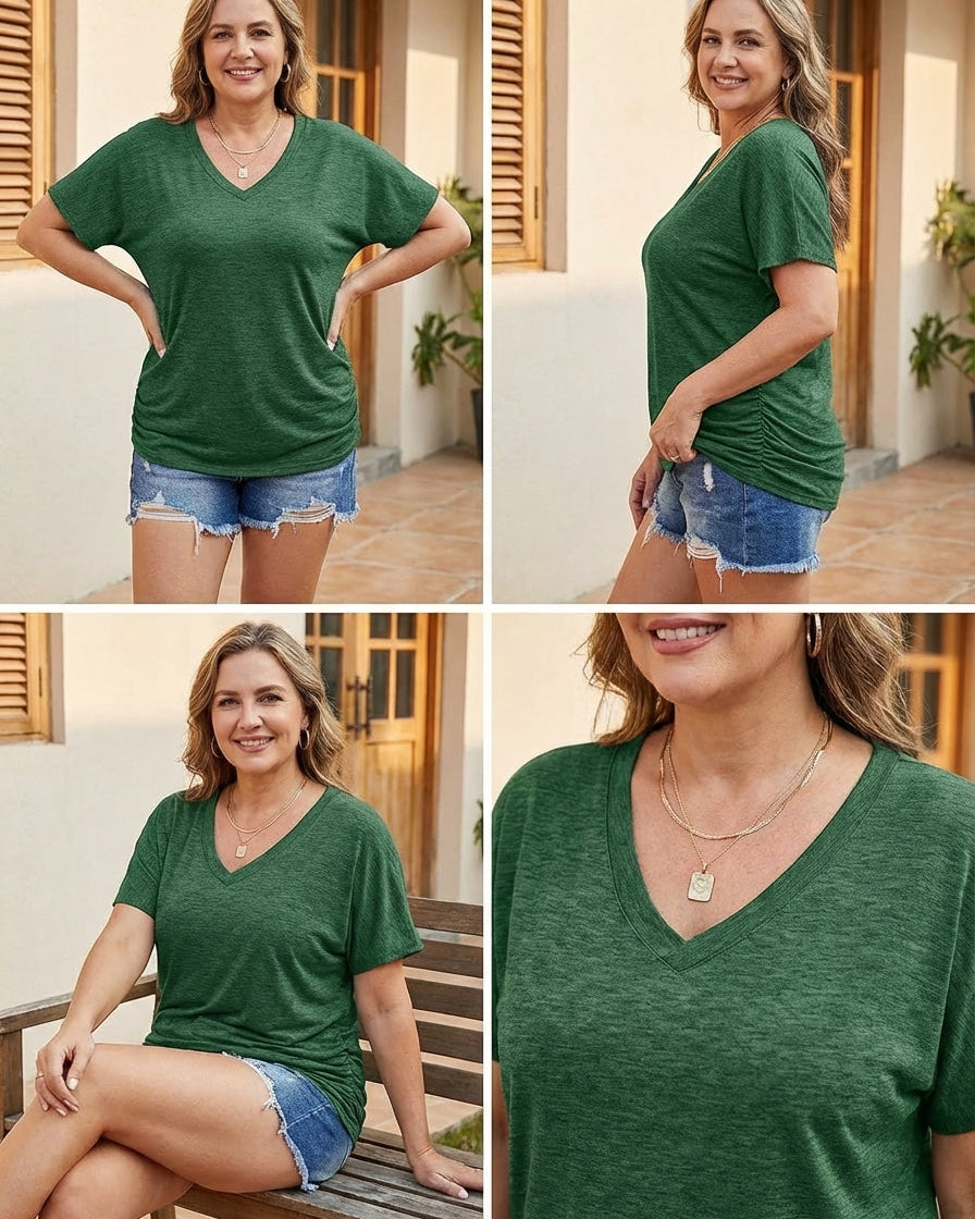 Soft V-Neck Dolman Loose Fit T-Shirt with Side Ruching