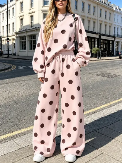 Women's Polka Dot Oversized Sweatshirt & Wide Leg Pants Two Piece Lounge Set