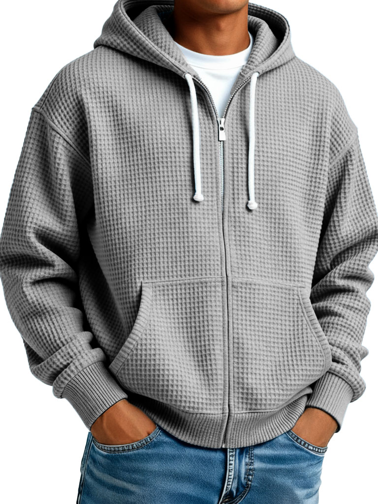 Men's Fashion Casual Waffle Weave Fabric Zipper Hooded Pocket Oversized Jacket