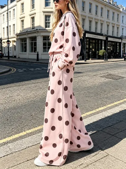 Women's Polka Dot Oversized Sweatshirt & Wide Leg Pants Two Piece Lounge Set