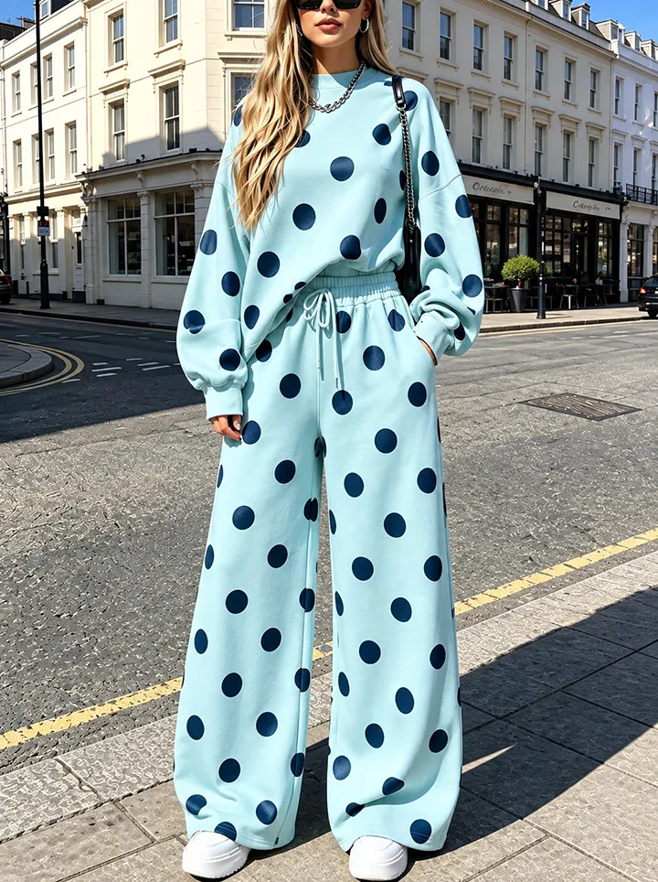 Women's Polka Dot Oversized Sweatshirt & Wide Leg Pants Two Piece Lounge Set