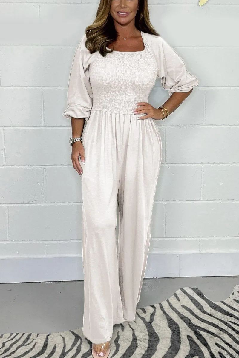 CLEARANCE🔥 Solid Color Long Sleeve Elastic Waist Wide Leg Jumpsuit
