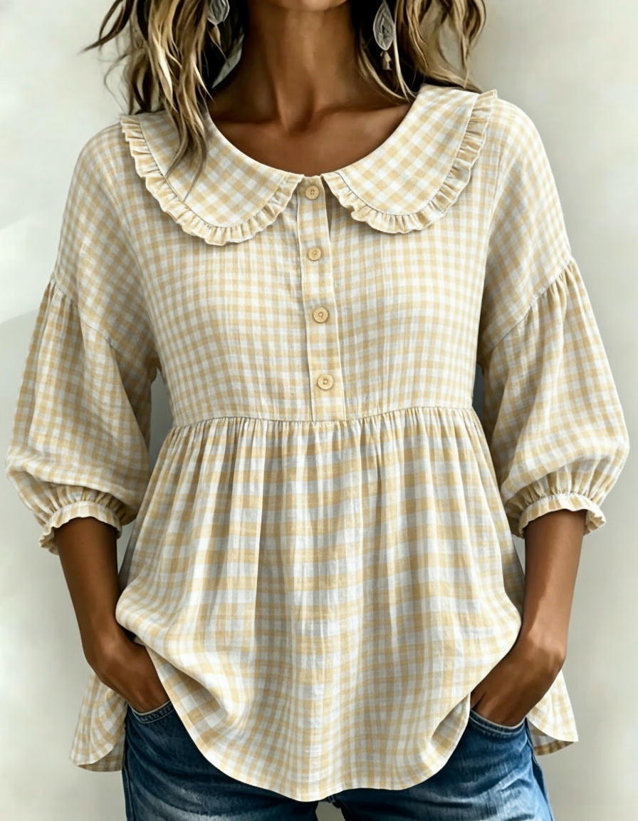 New Arrivals🔥Women's Gingham Puff Sleeve Peplum Blouse