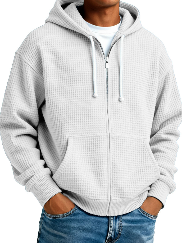 Men's Fashion Casual Waffle Weave Fabric Zipper Hooded Pocket Oversized Jacket