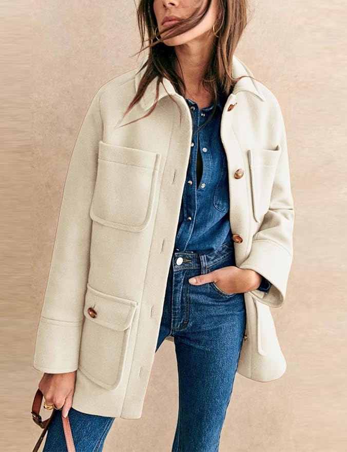 Omoone 2025 Winter Elegant Womens Pea Coat Mid Long Wool Coat Wool Blend Trench Coat with Pockets