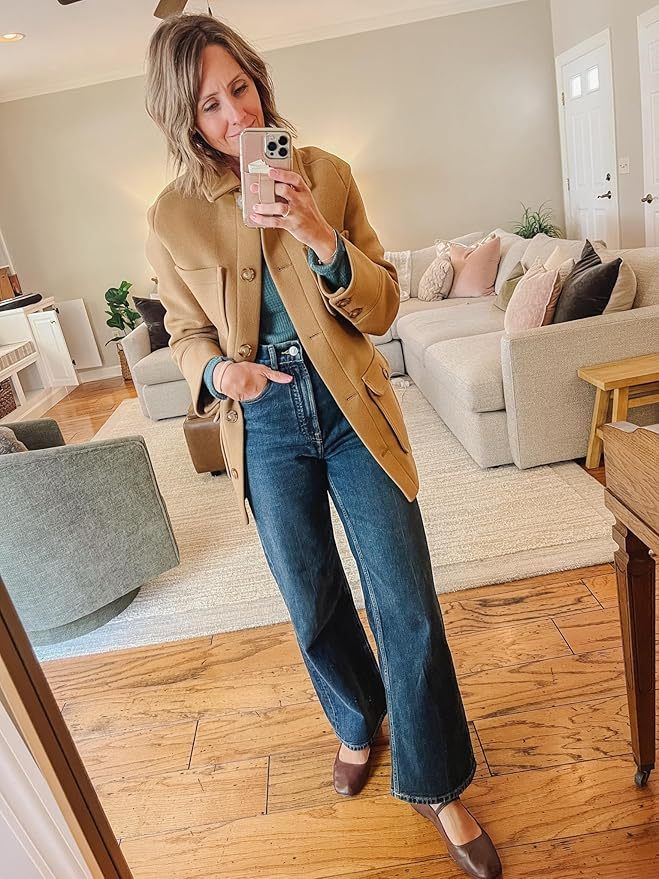 Omoone 2025 Winter Elegant Womens Pea Coat Mid Long Wool Coat Wool Blend Trench Coat with Pockets