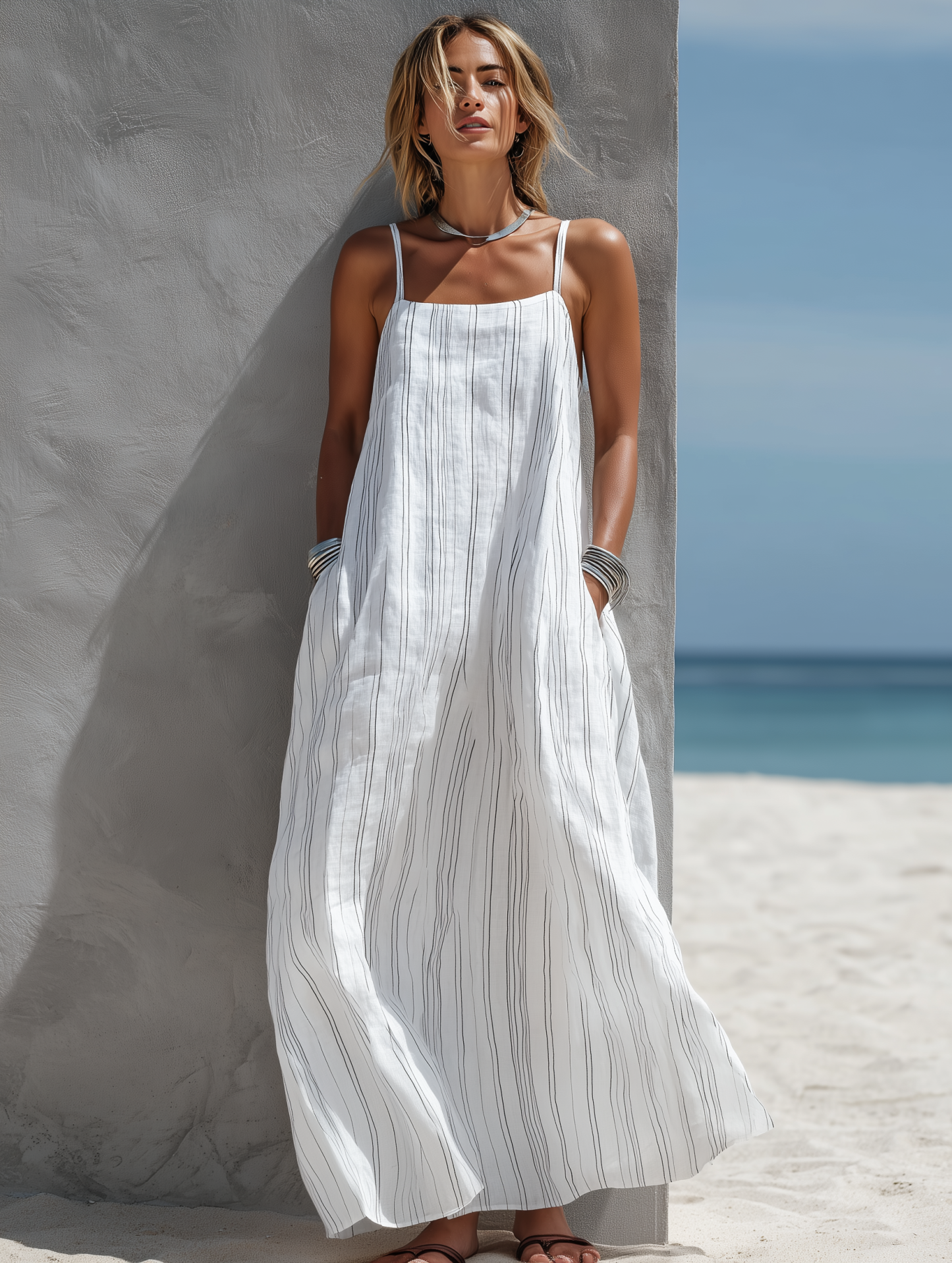 Women's Casual White Vertical Striped Woven Sleeveless Loose Long Dress MDZ0324C9AN