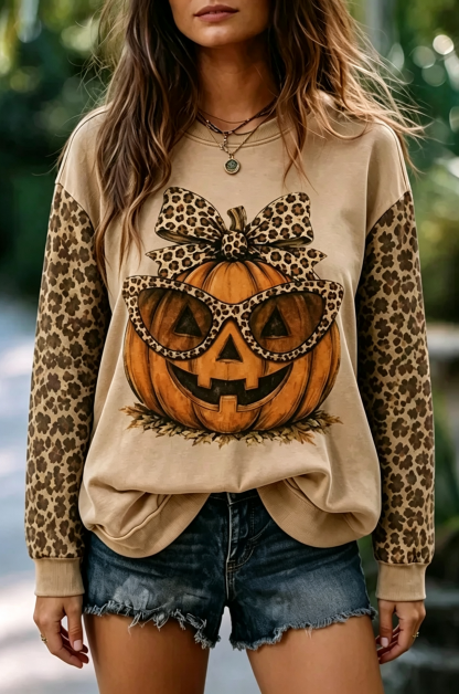 Vintage Halloween Leopard Pumpkin Print Sweatshirt