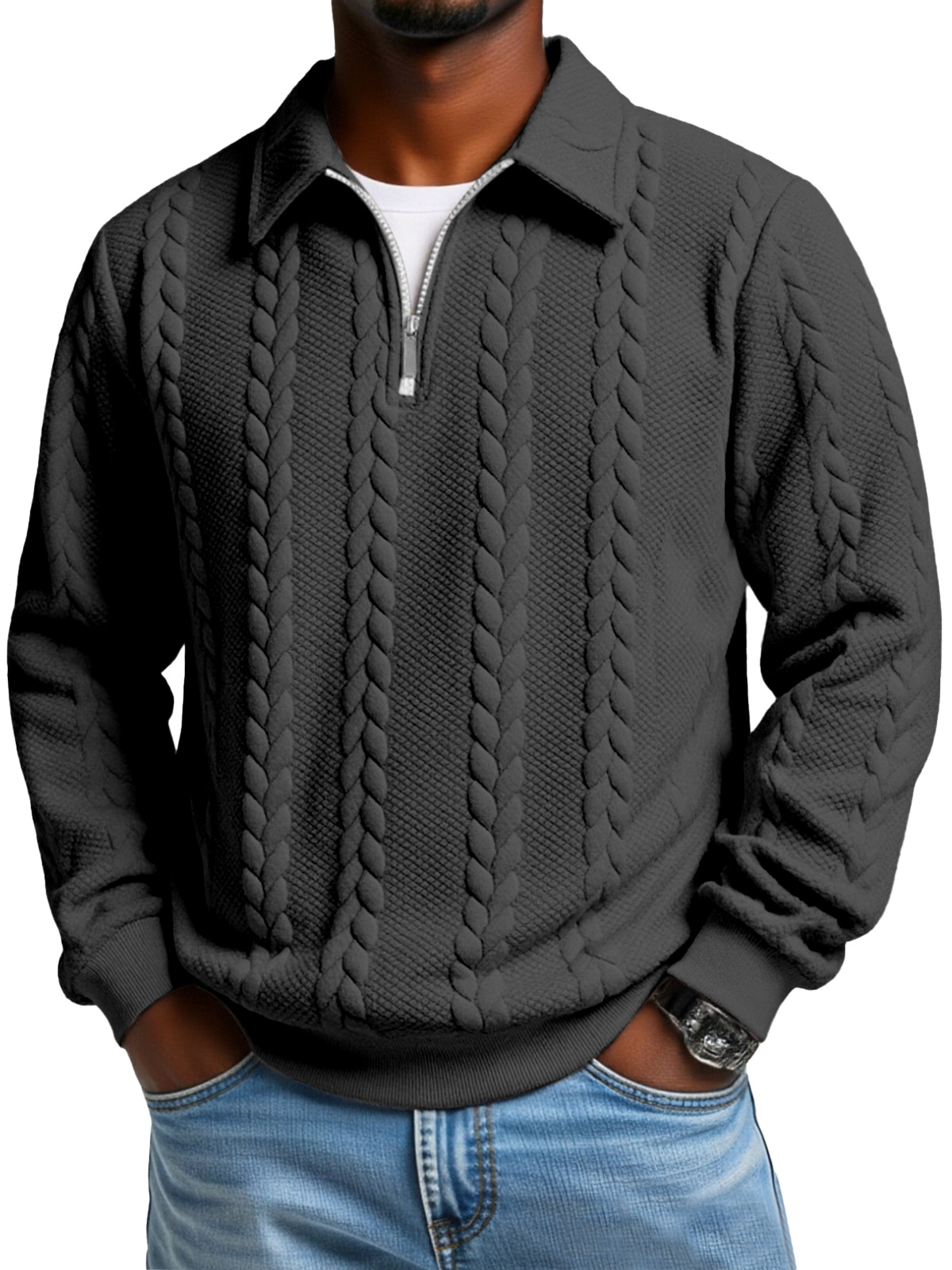 Men's Casual Solid Color Twist Texture Loose Long-sleeved Lapel Zipper Polo Shirt