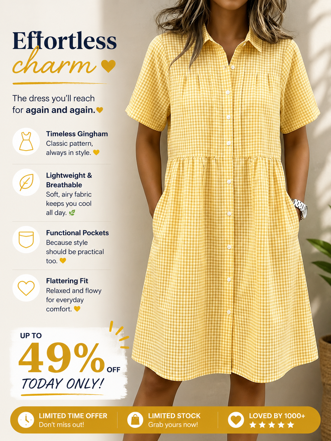 Today 49% off🔥Women’s Cotton Linen Gingham Button-Up Shirt Dress