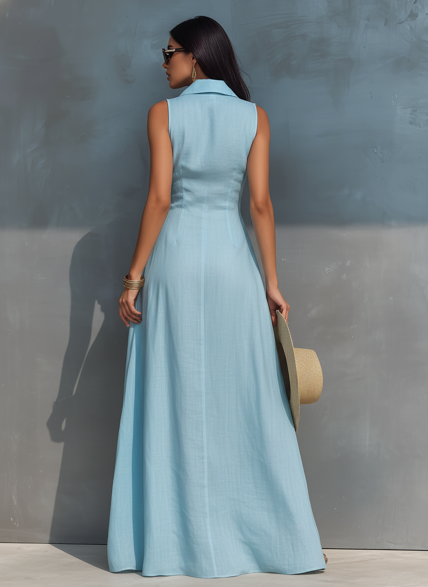 Women's Minimalist Linen-Blend Sleeveless Collared Single-Breasted Maxi Dress