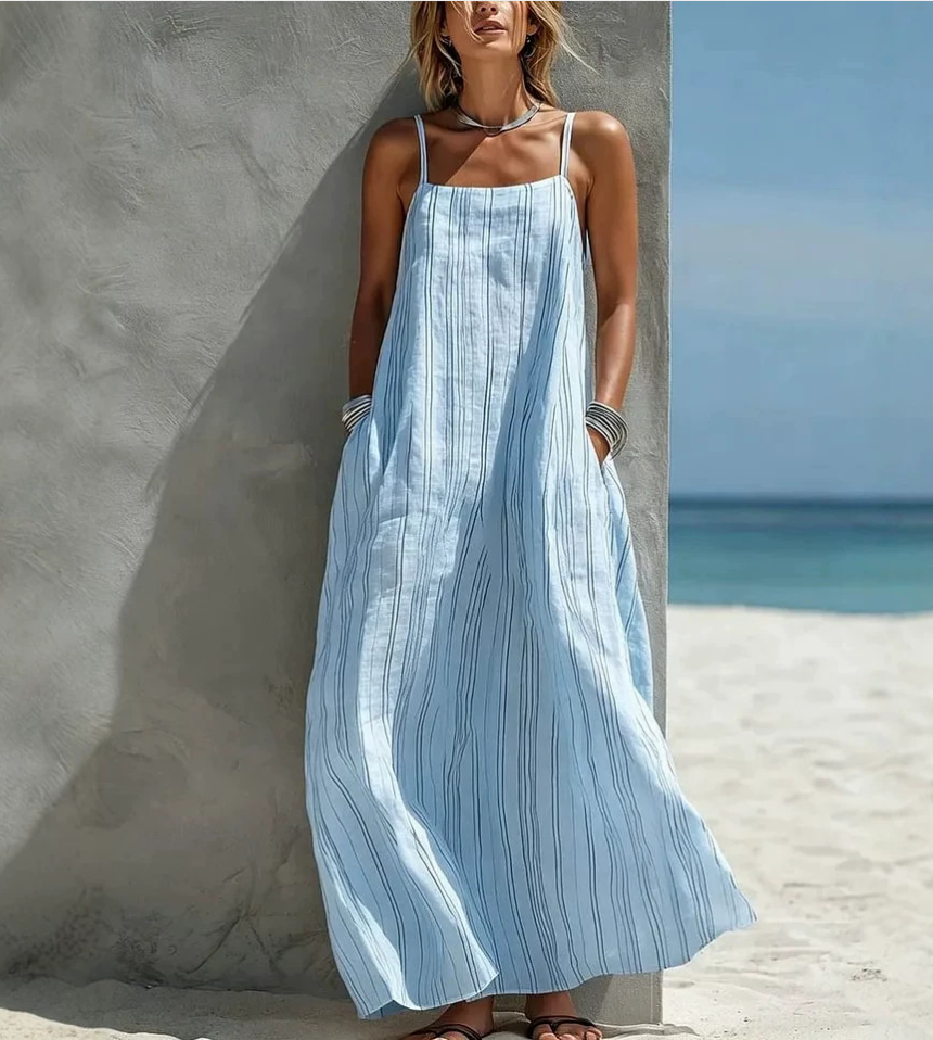 Women's Casual White Vertical Striped Woven Sleeveless Loose Long Dress MDZ0324C9AN