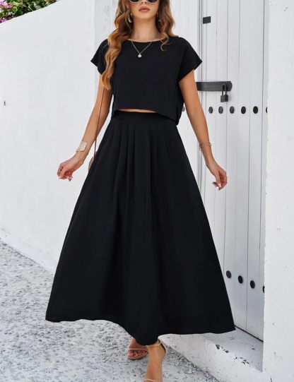 2025 Summer Skirt Sets Women 2 Piece Outfits Cap Sleeve Top Elastic Waist Maxi Dress Sets with Pockets