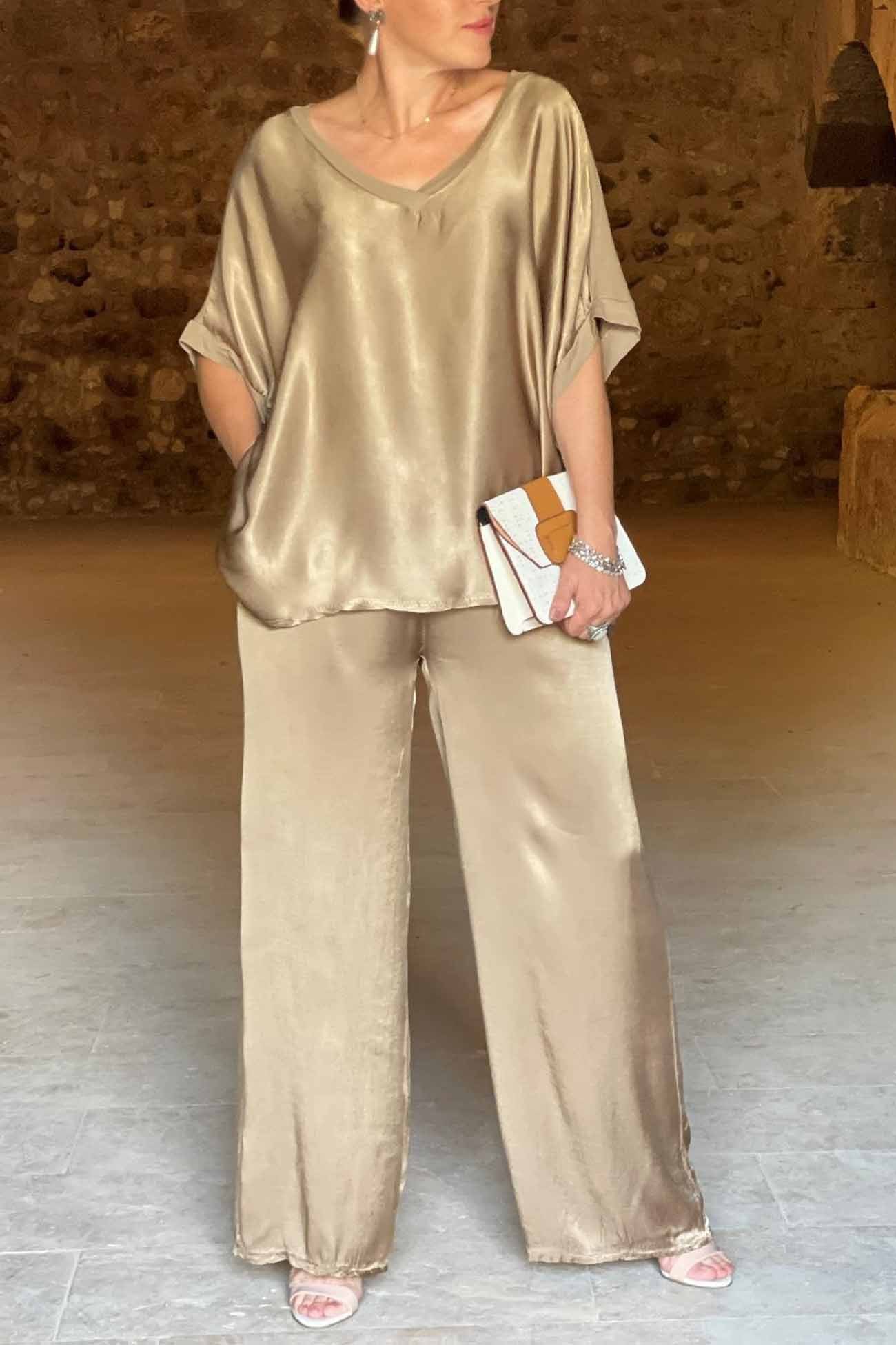 Women's V-Neck Tops Long Pants Set Casual Loose Outfit Summer Homewear Suit