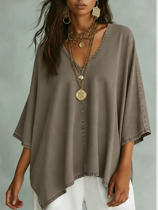 Women’s Relaxed V-Neck Chambray Blouse – Loose Fit & Plus-Size Friendly Hot sale
