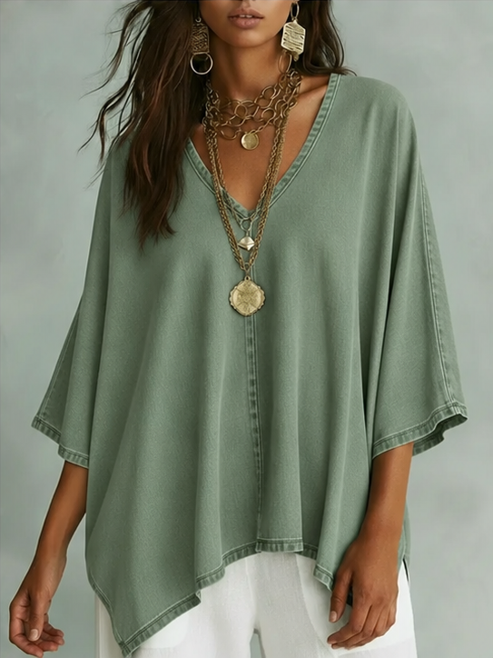 Women’s Relaxed V-Neck Chambray Blouse – Loose Fit & Plus-Size Friendly Hot sale