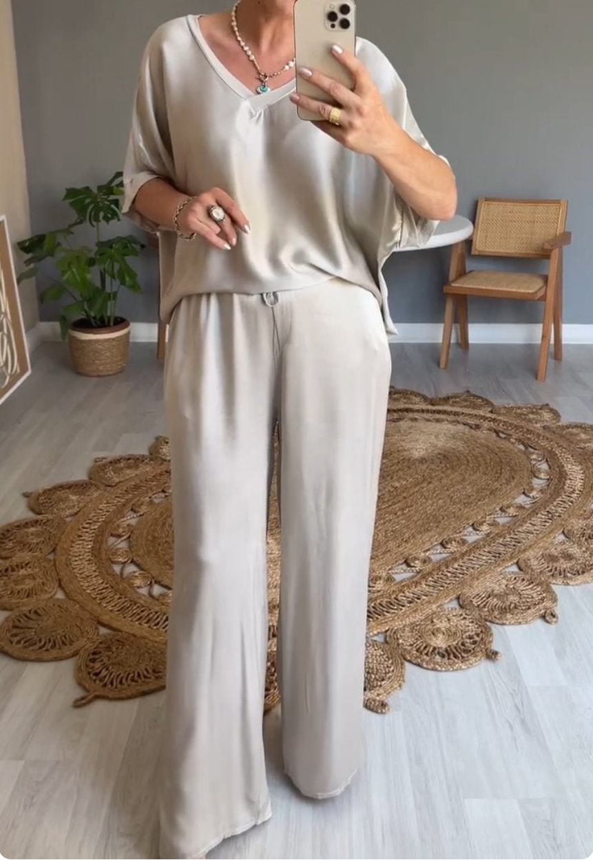 Women's V-Neck Tops Long Pants Set Casual Loose Outfit Summer Homewear Suit