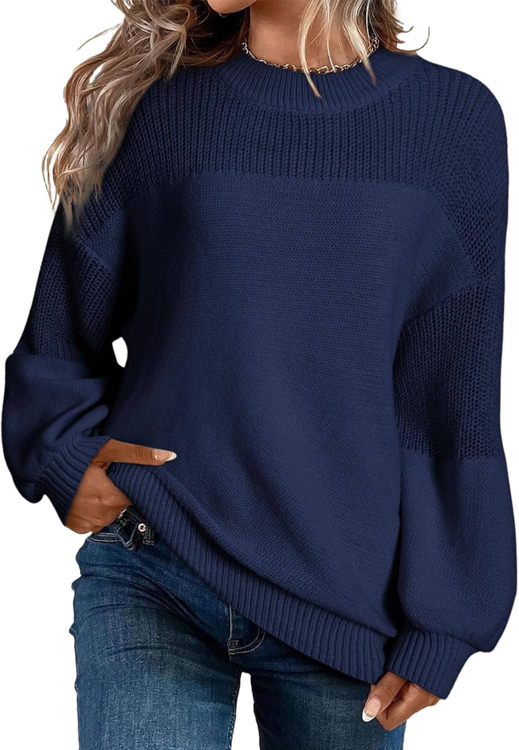 Women's Casual Long Sleeve Loose Round Neck Knit Solid Colour Pullover Sweater