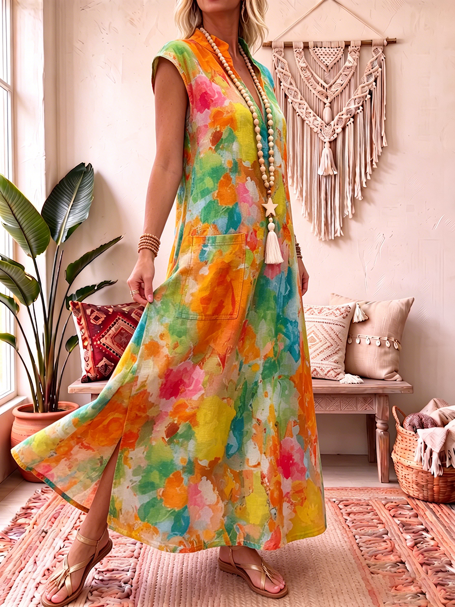 Artistic Watercolor Print Cotton-linen Dress