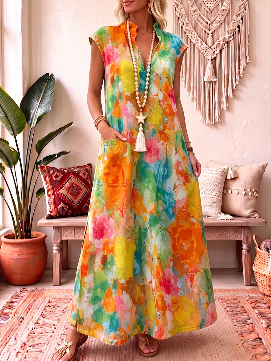 Artistic Watercolor Print Cotton-linen Dress