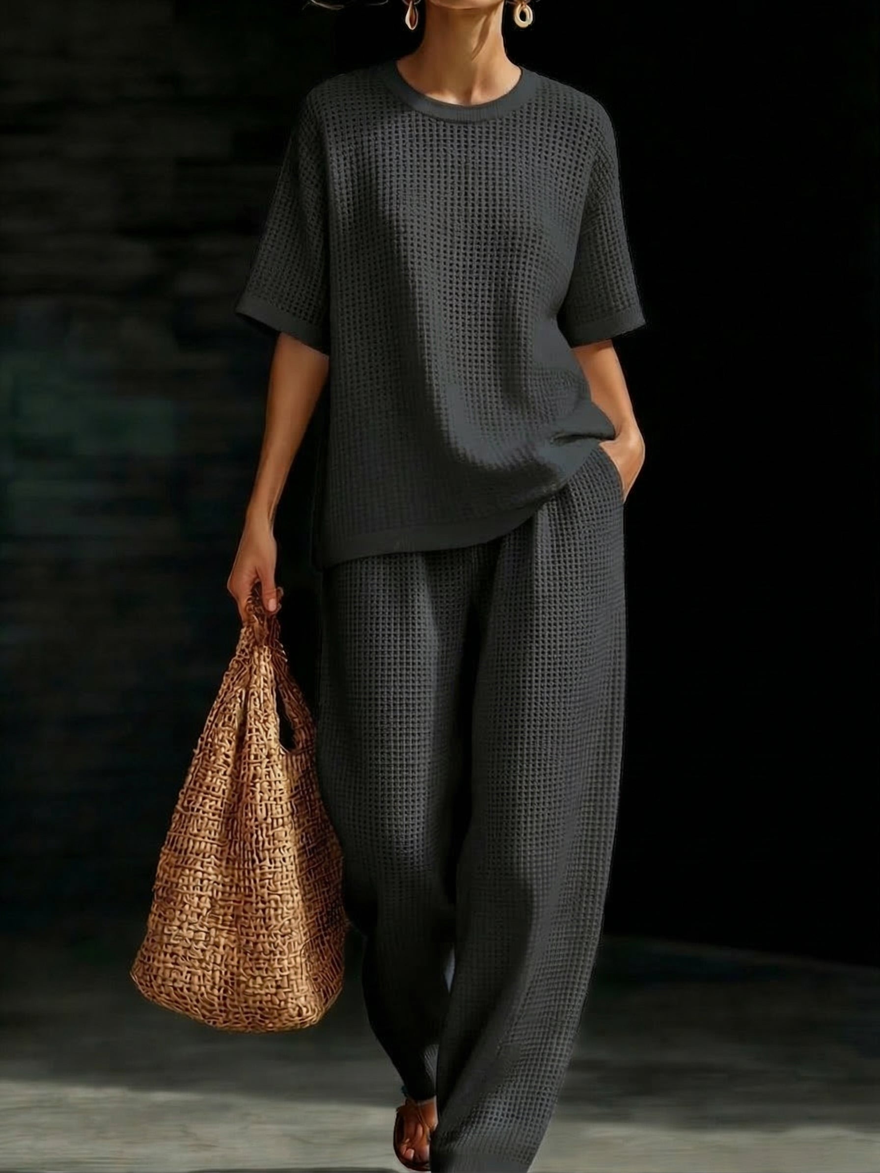 Women’s Crewneck Waffle Two-Piece Set