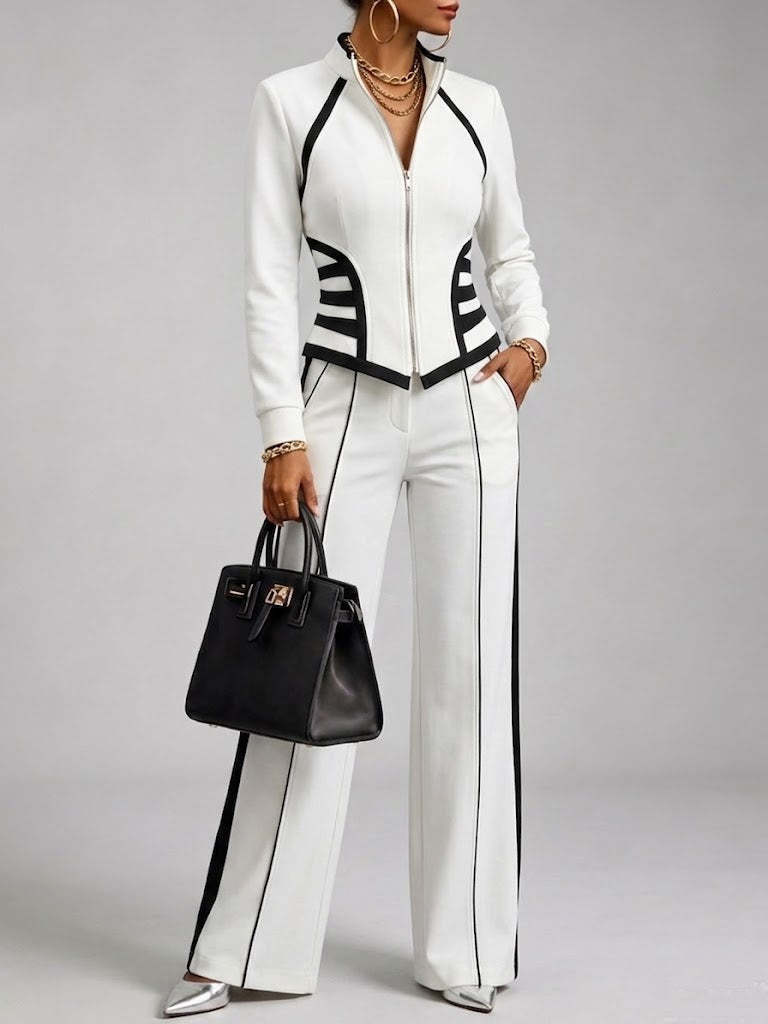 🤲LAST DAY SAVE 49% ⏰Cozy And Casual Two-piece Set Featuring A Slim-fit, Stretchy Zip-up Sweatshirt And Pants With Black Webbing Trim.
