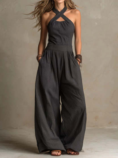 Women's Cross-neck Halter Design Cotton-linen Jumpsuit