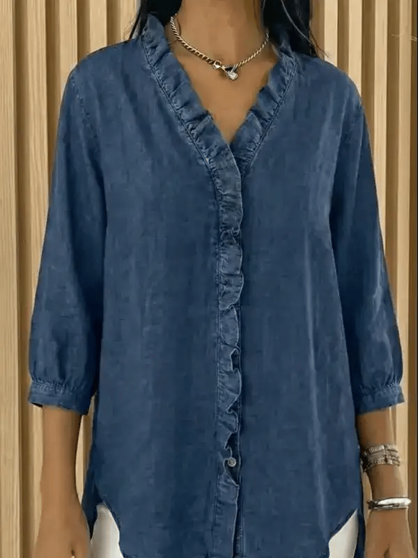 Women's Casual Denim V-Neck Ruffled Shirt