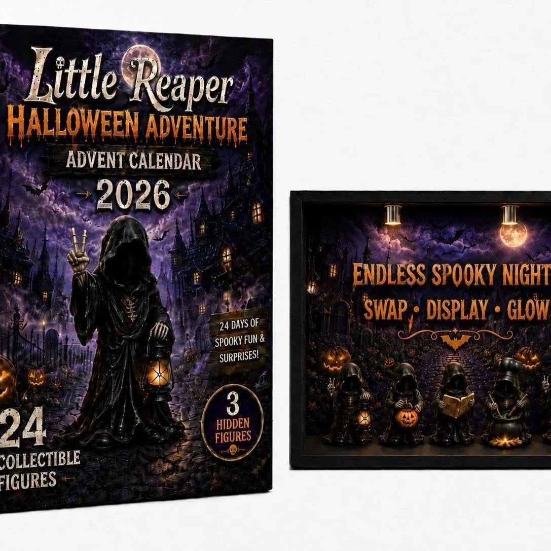 Little Reaper Halloween Advent Calendar packaging beside a styled figure display