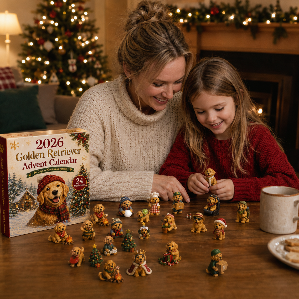Mother and daughter enjoying Golden Retriever Advent Calendar