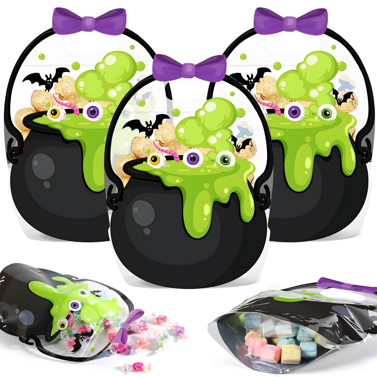 🎃Halloween Plastic Goodie Bags, Trick or Treat Candy Bags, Cauldron, Skeleton, Black Cat, Skull, Pumpkin Pattern Treat Bags, Halloween Party Favor Snack Storage Bags for Classroom, Birthday, Students, Teachers, Neighbors