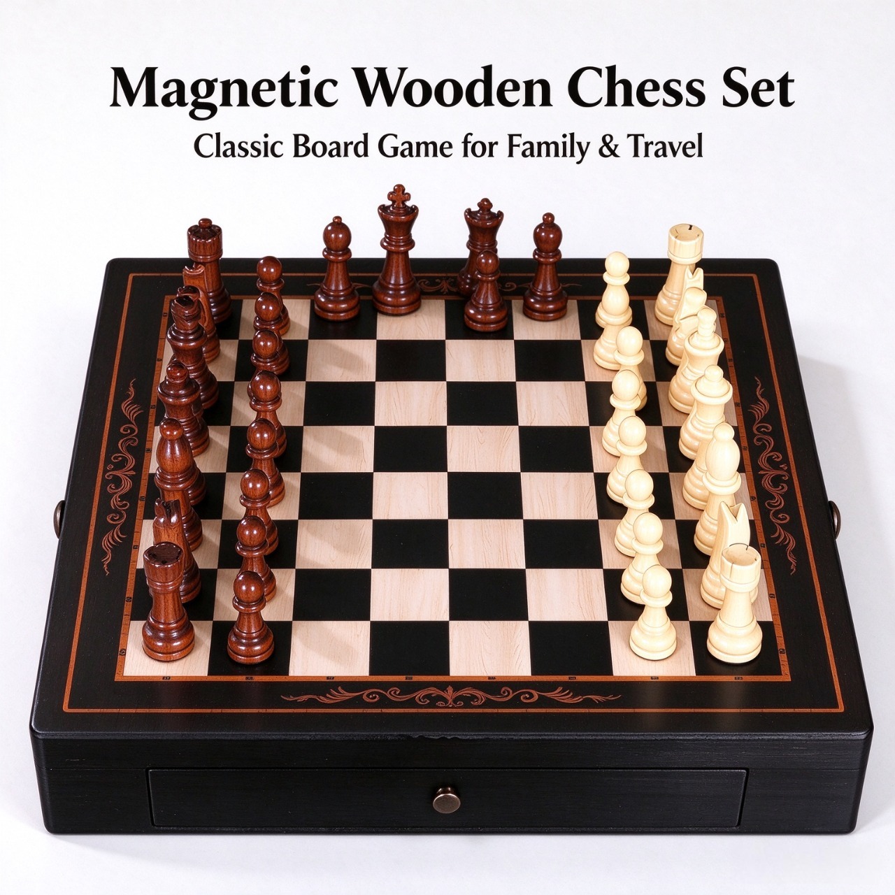 Magnetic Wooden Chess Set with Storage Drawers – Classic Staunton Chess Pieces for Adults & Kids