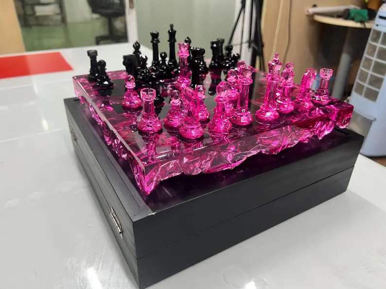 Rose Quartz Resin Chess Set – Handmade Pink Transparent Board With Box