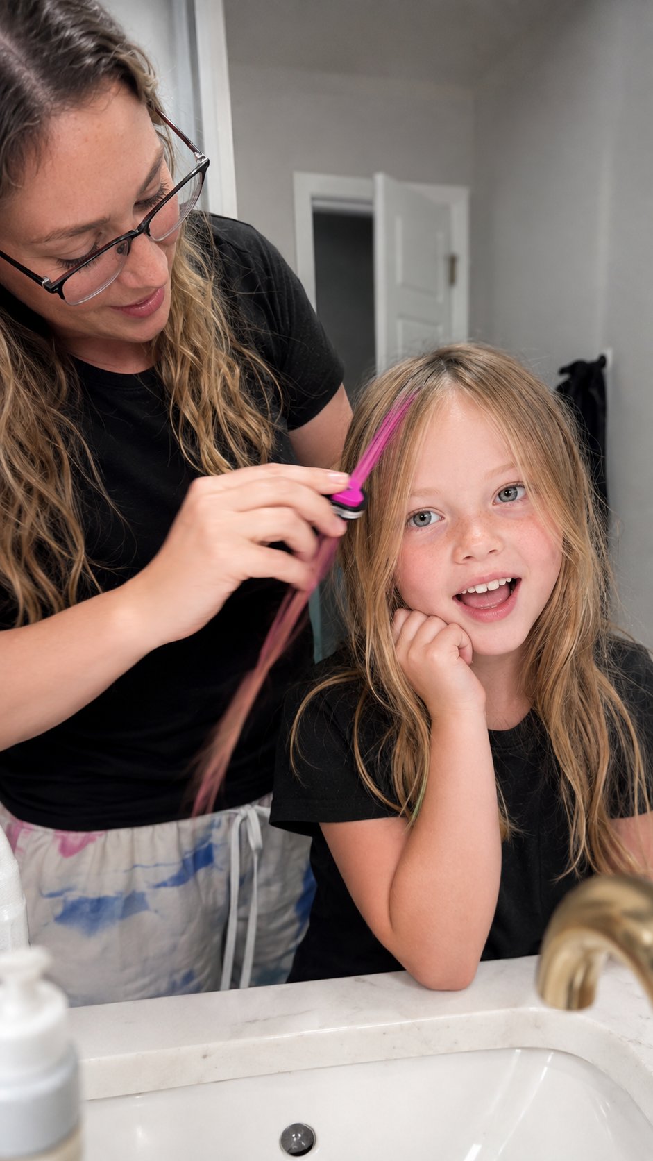 Vertical customer-style close-up showing a green temporary color streak in light brown hair