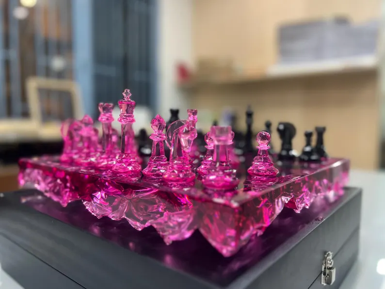Rose Quartz Resin Chess Set – Handmade Pink Transparent Board With Box