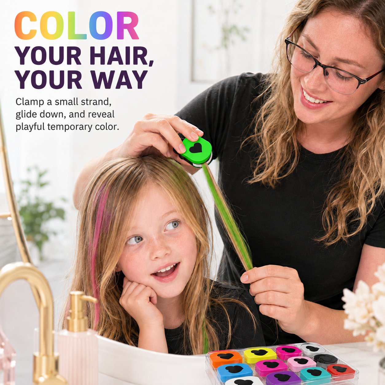 Twelve open temporary hair chalk applicators arranged by color