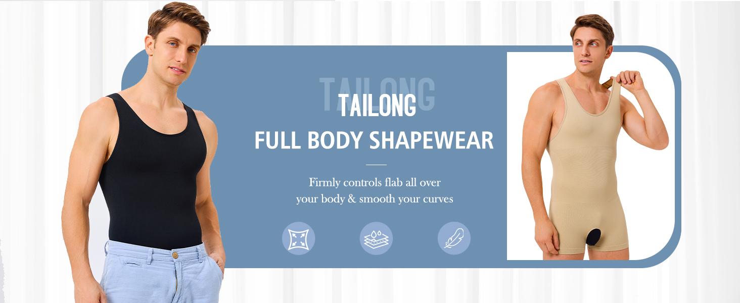 TAILONG Mens Full Body Shaper Slimming Shirt Tummy Control Shapewear Sleeveless Compression Bodysuit Fajas Para Hombres