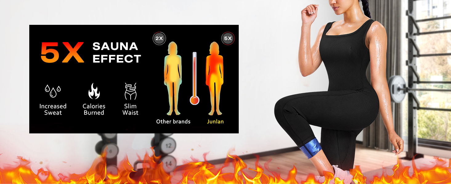 Junlan Sauna Suit Women Waist Trainer Ribbed Sweat Sauna Shirt Full Body Jumpsuit