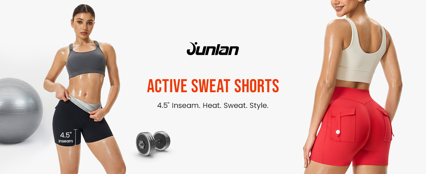 Junlan Sauna Suit Women High Waisted Sweat Shorts Cargo Pockets 4.5" Inseam