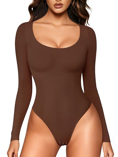 LODAY Long Sleeve Bodysuits for Women Scoop Neck Body Suits Light - image 2
