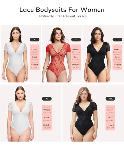 LODAY Lace Bodysuit Short Sleeve Bodysuit for Women Deep V Neck Body - image 7