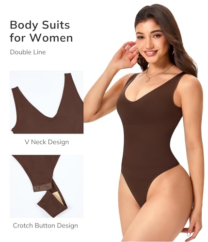 LODAY Shapewear Bodysuits for Women V Neck Tank Top Body Suits Thong - image 3