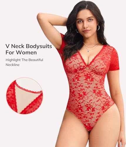 LODAY Lace Bodysuit Short Sleeve Bodysuit for Women Deep V Neck Body - image 3