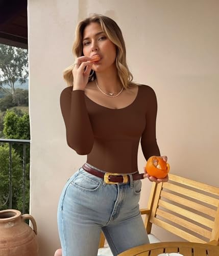 LODAY Long Sleeve Bodysuits for Women Scoop Neck Body Suits Light - image 5