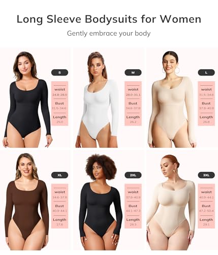 LODAY Long Sleeve Bodysuits for Women Scoop Neck Body Suits Light - image 7