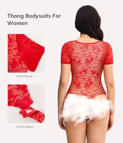 LODAY Lace Bodysuit Short Sleeve Bodysuit for Women Deep V Neck Body - image 4