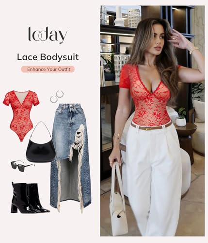 LODAY Lace Bodysuit Short Sleeve Bodysuit for Women Deep V Neck Body - image 5