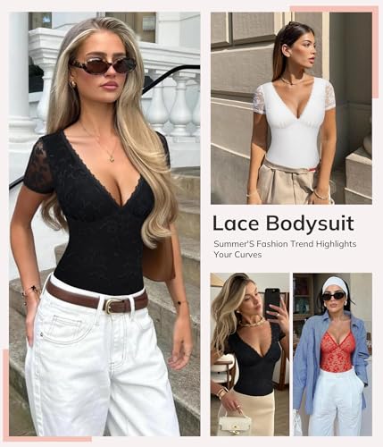 LODAY Lace Bodysuit Short Sleeve Bodysuit for Women Deep V Neck Body - image 6