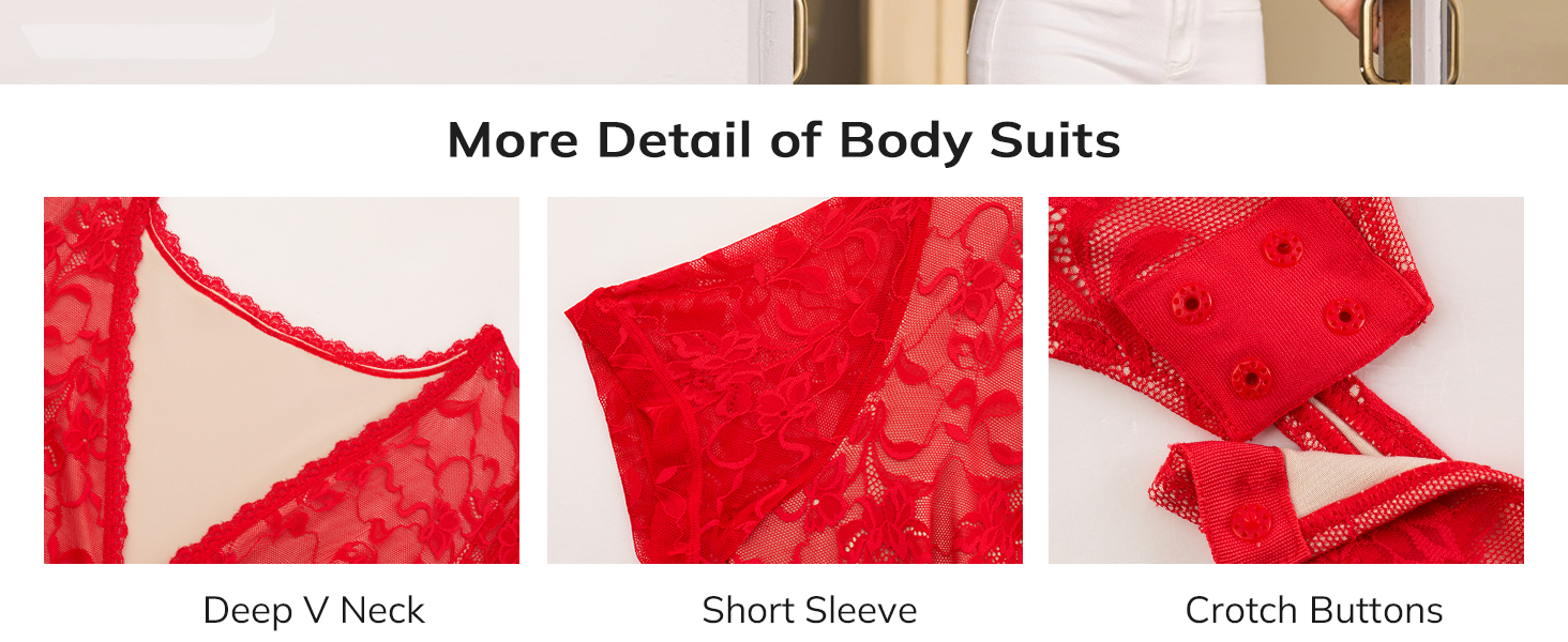 LODAY Lace Bodysuit Short Sleeve Bodysuit for Women Deep V Neck Body Suits Double Lined Bodysuit Slim Fit